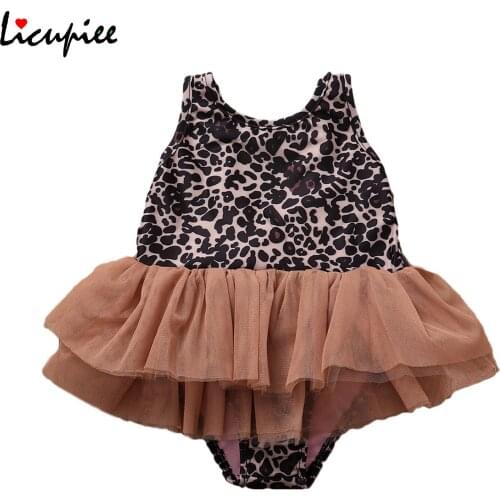 Kid Toddler Girls One-piece Leopard Swimsuit Round Neck Sleeveless Bodysuit Swimwear with Tutu Skirt Hem 1-7 Years