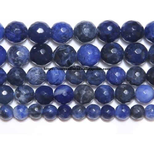 Natural Stone Faceted Old Blue Sodalite Round Loose Beads 15" Strand 6 8 10 12MM Pick Size For Jewelry Making