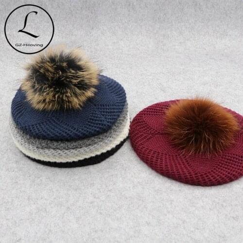GZHILOVINGL Winter Female Fur Ball Pom Poms Winter beret Hat For Women Girls Knitted Beanie Hats Thick Women Slouchy Beanies