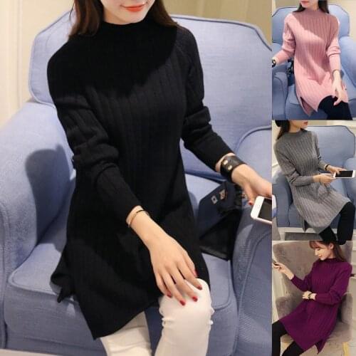 Fashion Sweater Women Turtle Neck slit hem Long Sleeve Tunic Pullover Sweaters Casual Loose Knitted Sweater Solid Womens Sweater