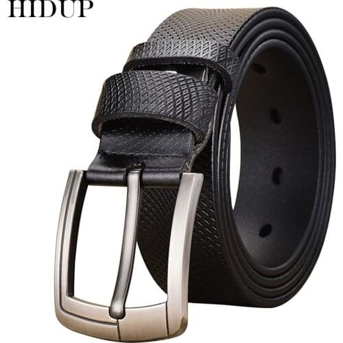 HIDUP Mens Retro Style Design Plaid Pattern Cow Genuine Leather Belts Men Pin Buckles Metal Belt Jeans Accessories 2020 NWJ581