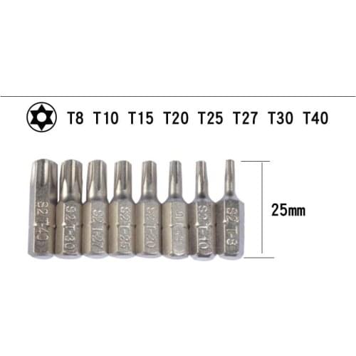 8pcs 25mm Torx Screwdriver Bits With Hole T8 T10 T15 T20 T25 T27 T30 T40 1/4 Inch Hex Shank Electric Screw Driver Star Bit Set