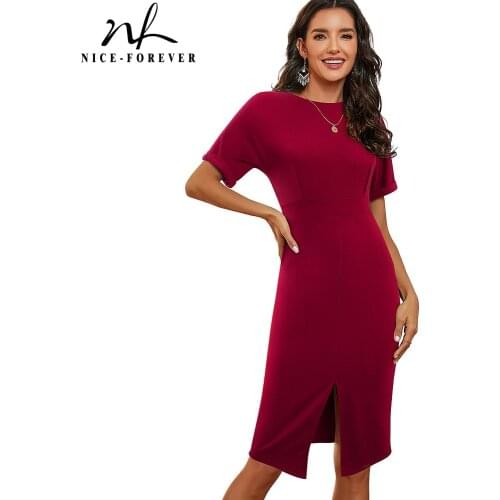 Nice-Forever Summer Women Simplicity Pure Color with Split Work Dresses Business Office Elegant Bodycon Dress B641