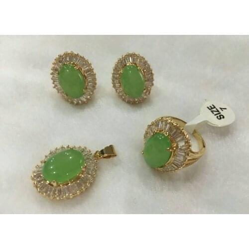 Latest fashion noble 10*14mm green Natural jade earrings ring(#7-9) & pendant with free chain jewerly sets