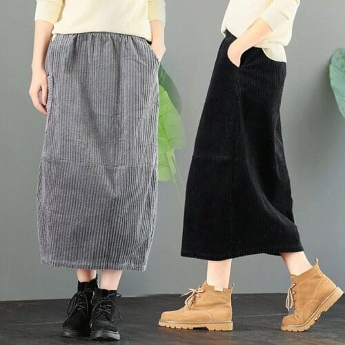 2020 Vintage New High-waist Corduroy Skirt For Autumn and Winter Womens Mid-length Casual Stitching Corduroy Lantern Skirt y248