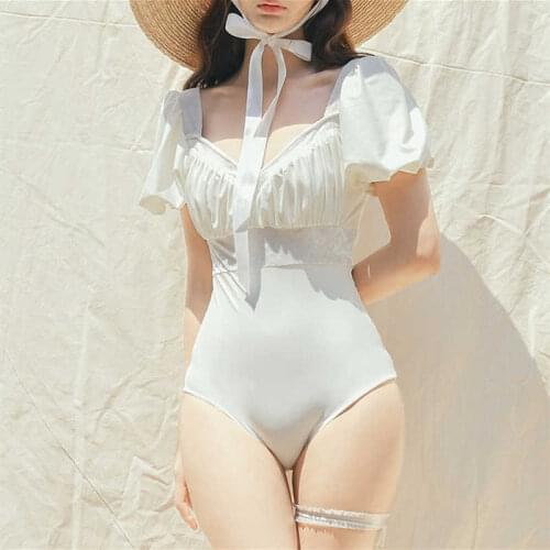 2021 Korean New Hot Style French Retro Puff Sleeve V-Neck Low-Cut Sexy Folds High-Waist Stitching Gold Velvet Slimming Swimwear