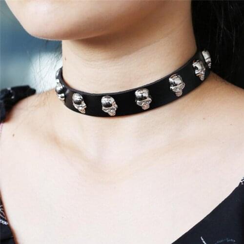 Punk Goth Collar Choker Necklace Skull PU Leather Choker Handmade Necklace Party Jewelry Gift Wholesale 17 Colors
