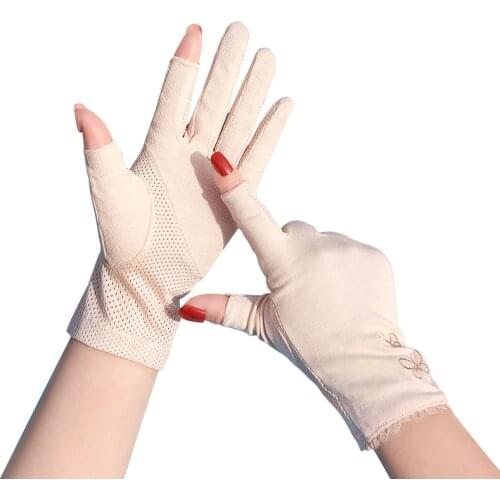 Summer Short Gloves Women with Sun Protection Ladies Half Finger Glove Cotton Breathable Non-Slip Touch Screen Cycling Mitten