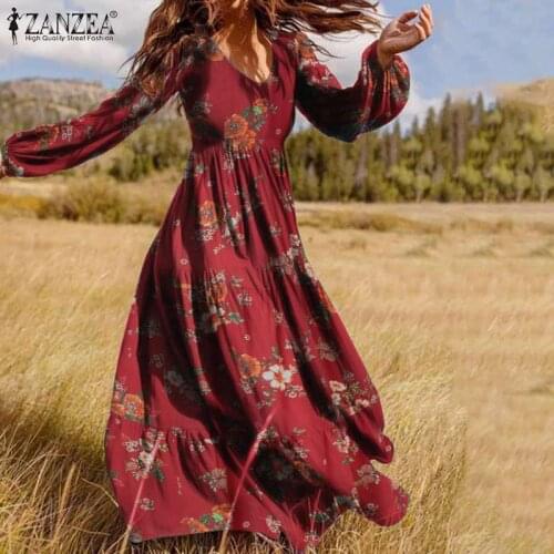 Womens Autumn Long Dress ZANZEA V Neck Ruffle Dress Vintage Floral Printed Vestidos Fashion Puff Sleeve Robe Femme Plus Size 5XL