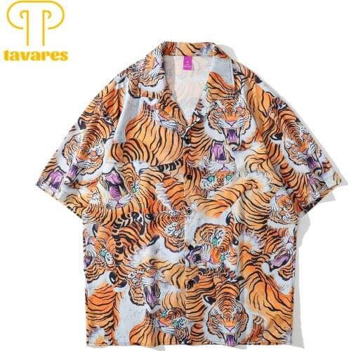 TAVARES Casual Shirts Blouses Animal Tiger Men Summer Short Sleeve Shirt Women Hawaiian Beach Shirt Oversized Baggy Cardigan
