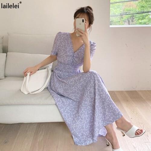 V-Neck Chiffon Floral Dress Ruched Puff Sleeve Maxi Dresses For Women Vintage A-Line Korean Vestidos Mujer Verano 2021 Sukienka