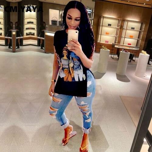 CM.YAYA Women Side Slit Fashion Short Sleeve O-neck T-shirts Turn Out Front Print Fashion Vintage Tee Tops Summer 2021