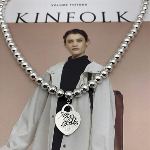 Womens High Quality S925 Sterling Silver 8mm Bead Heart Brand Mini Figure Pendant Necklace Simple Fashion Boutique Gift