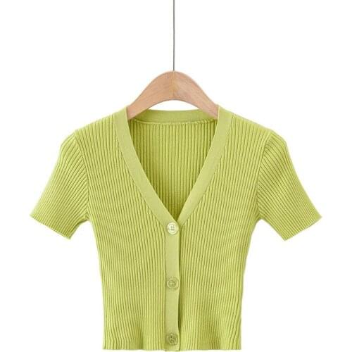 Summer new street V-neck breasted knitted short-sleeved T-shirt women, solid color tight skinny thin sexy T-shirt women