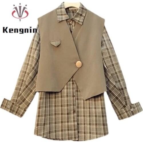 Autumn Womens Shirts Women Sets Oversized Loose Plaid Long Sleeve Blouse + Short Sleeveless Vest Ladies Two Piece Suit KE1659