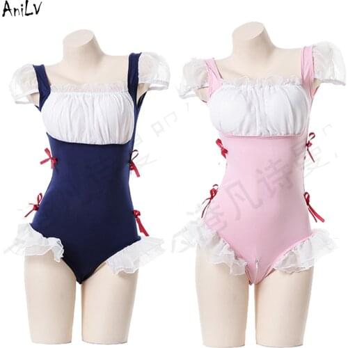 AniLV Women Back Bow Tight One-piece swimsuit Costume School Student Girl Maid Swimwear Uniform Lingerie Pool Party Cosplay
