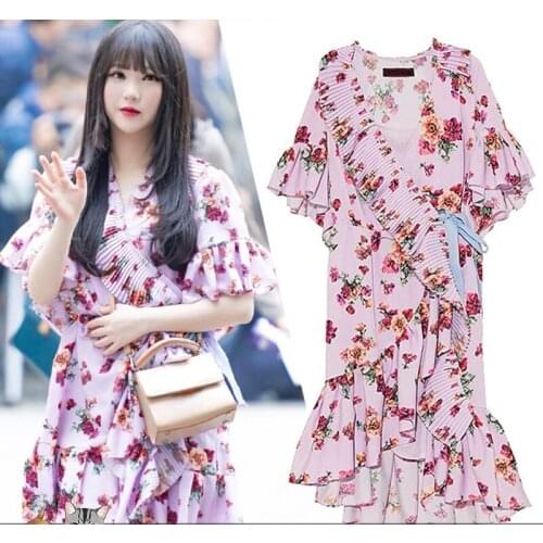 Kpop IU Seo Yea Ji ROSE Summer Boho Slim Floral Dress 2021 New Women V Neck Ruffles Wrap Irregular Elegant Holiday Party Dresses
