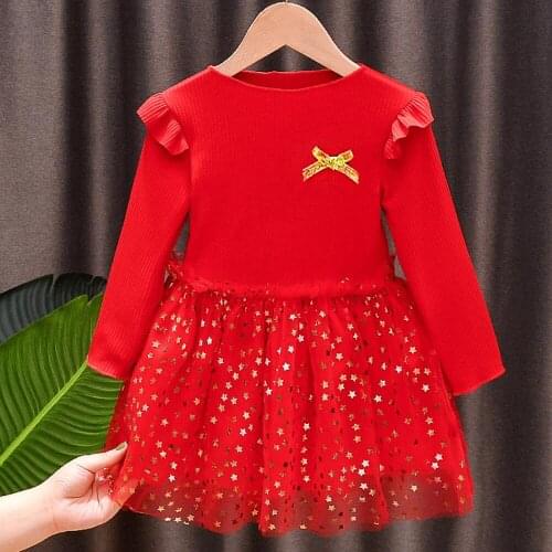 ZWF368 Childrens Christmas New Year dresses full sleeve Cute Red pink Princess knitting dress for girls 3-10 years Birthday