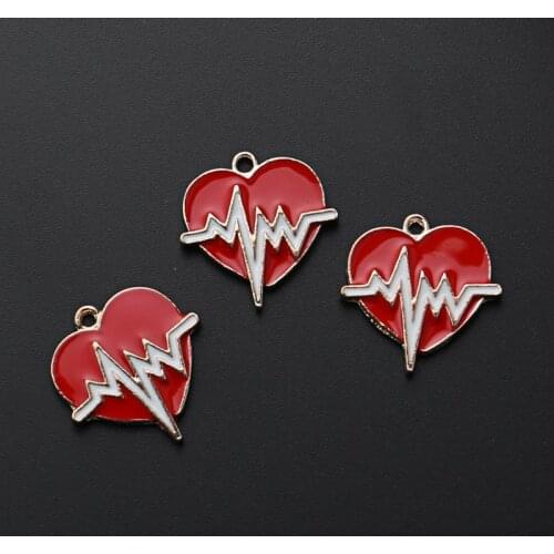 10pcs Gold Color 21x20mm Heart Shaped Enamel Charms Heartbeat Pendant For DIY Handmade Metal Jewelry Making Accessorie