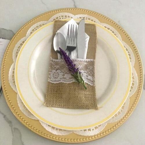 75Pcs Burlap Lace Cutlery Pouch Rustic Wedding Tableware Knife Fork Holder Bag Hessian Jute Table Decoration Accessories
