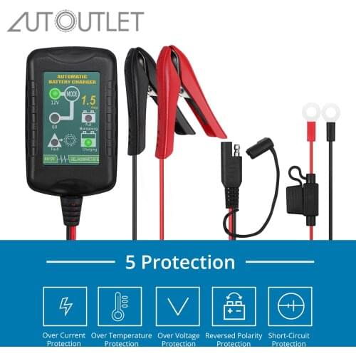 AUTOUTLET 6V / 12V 1.5A Car Battery Charger Maintainer Automatic Smart Battery Charger with Cable Clamps and O-Ring Terminals