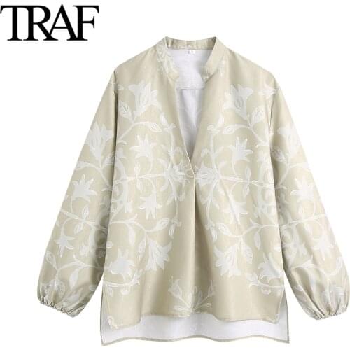 TRAF Za Womens Clothing Long Sleeve Blouse Office Lady Shirt Fashion Casual Loose V-neck Vintage Printed Tops