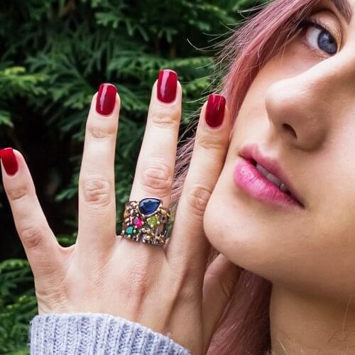 Large Wide Ring Blue Multi Colorful Stones Fashion Jewelry Top Jewellery Big Rings for women