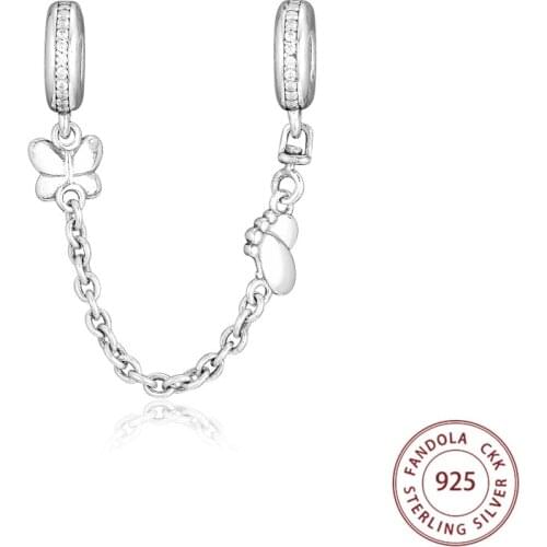 Genuine 925 Sterling Silver Decorative Butterflies Safety Chain Charms Beads Fits Pandora Bracelets Women Jewelry Making Bijoux