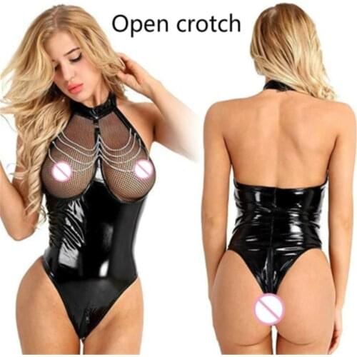 Erotic Sexy Crotchless Latex Catsuit Fishnet Clothing Open Crotch Jumpsuit Patent Leather Breast Exposing Bodysuit Lingerie