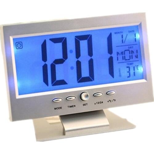 Voice Control Back-light LCD Alarm Clock Weather Monitor Calendar With Timer Sound Sensor Temperature Decor Desktop Table Clock