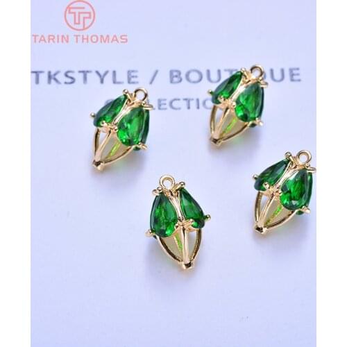 4PCS 14x8MM 24K Gold Color Brass with Green Glass Hollow Pendants Charms High Quality Diy Jewelry Findings Accessories