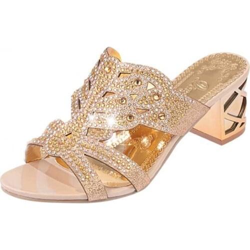 Summer Open Toe Chunky Heels Women Sandals Leather Rhinestones Party Shoes Girls Crystals Casual Beach Flip Flops