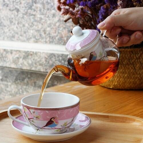 Set of European Ceramic Tea Cup Glass Teapot Bird Porcelain Saucer Kettle Teaware with Tea Strainer (1 cup+1 teapot)
