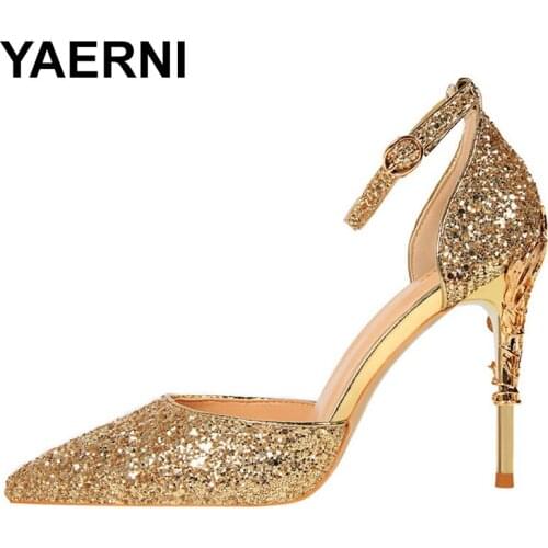YAERNI New Arrival 2021 Mary Jane Shoes Glitter Heels Bigtree Shoes Women Pumps Stiletto Wedding Shoes Bride Red Heels Tacones