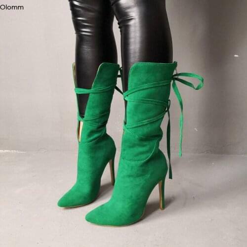 Olomm New Women Mid-Calf Winter Boots Sexy Stiletto High Heels Boots Pointed Toe Nice Green Party Shoes Women Plus US Size 5-15