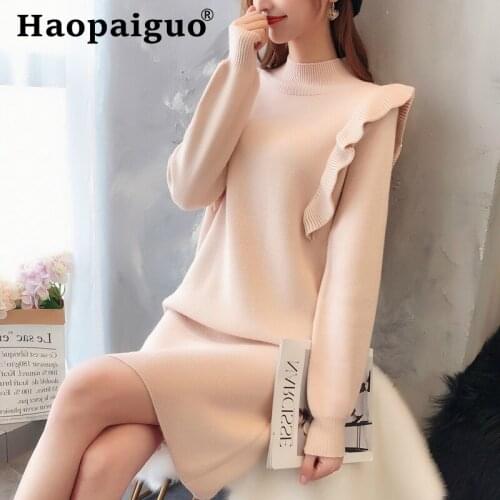 Modis 2019 Autumn Dress Women Yellow Red Black Apricot Long Sleeve Mini Dress Female Casual Cotton Sweater Winter Dress Women