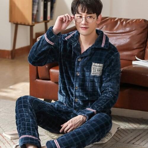 Pajamas MenS Autumn And Winter Thick Coral Velvet Home Service Suits Sleepwear Can Be Worn Outside MenS Flannel Two-Piece Suit