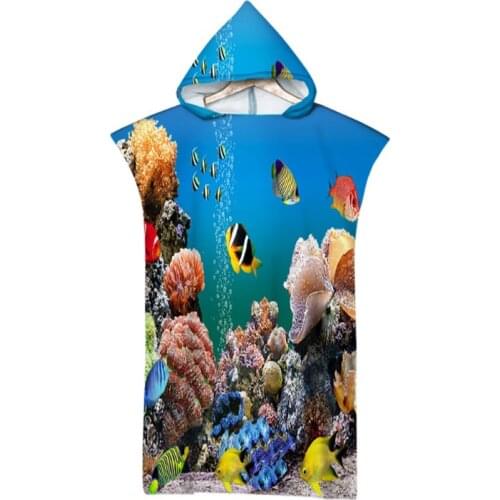 3D Printed Ocean Hooded Cloak Beach Towel Quick Dry Microfiber Swimming Changing Robe Bath Towel