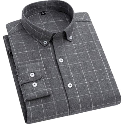 AOLIWEN brand men spring autumn 45.8% cotton casual gray plaid shirt soft and comfortable breathable long sleeve shirts