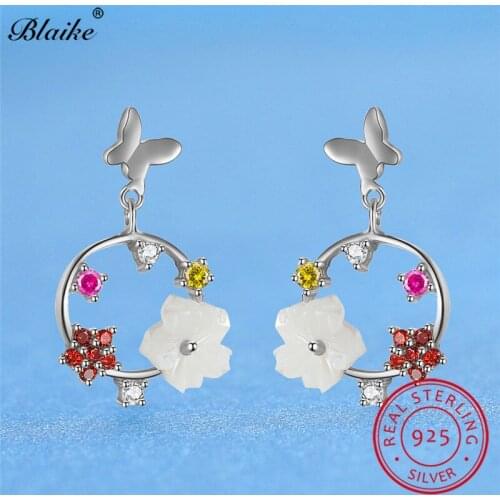 S925 Sterling Silver Butterfly Earrings Plant Flower Stud Earrings For Women Red Crystal Circle Earrings Luxury Wedding Jewelry