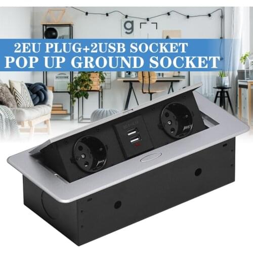 Silver Aluminum Alloy 16A Slow UP 2 Power EU Socket Dual USB Charge Port 2.1A Office Table Desktop Outlet Black Steel Box