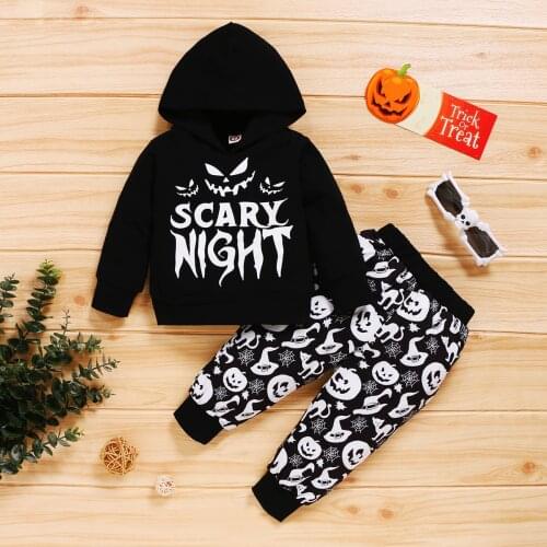 2Pcs Kids Halloween Set Letters Hooded Long Sleeve Sweatshirt + Pumpkin Print Pants Outfit Tracksuit for Boys Girls 1-4 Years