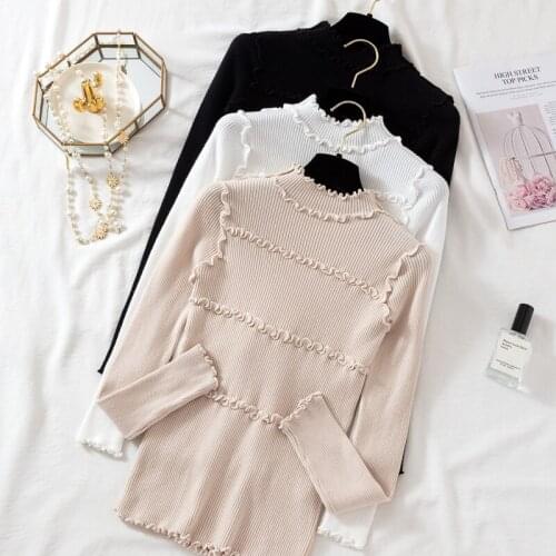 Casual Ruffles Autumn Winter Sweater Women Long Sleeve Stand Collar Soft Knit Sweater Pullovers Solid Female Jumper Top 2019