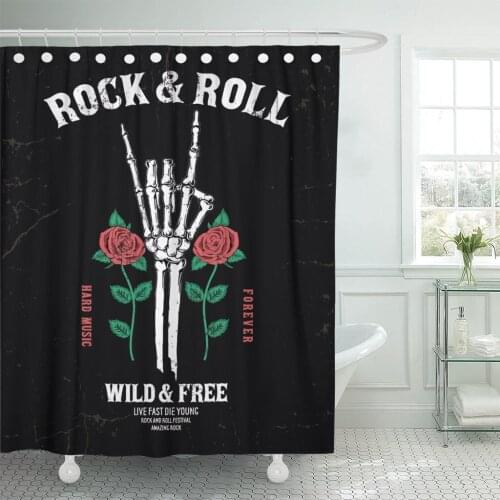 Skull Rock Music Graphic Roses and Hand Sing Retro Shower Curtain Waterproof Fabric 60 x 72 Inches Set with Hooks