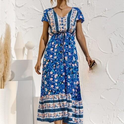 Women Summer Boho Dress Bohemian Maxi Casual V-neck Short Sleeve Button Floral Print Long Beach Dress Vestidos