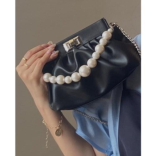 PU Pearl Handle Solid Handbag Womens Soft Face Pleated Chain Crossbody Bag for Woman Fashion Simple Buckle Women Shoulder Bag