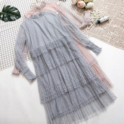 Women Summer Flare Sleeve Pleated Ball Gown Ruffle Dress Casual Lady Elastic Slim Polka Dot Mesh Gauze Voile Pullover Cake Dress