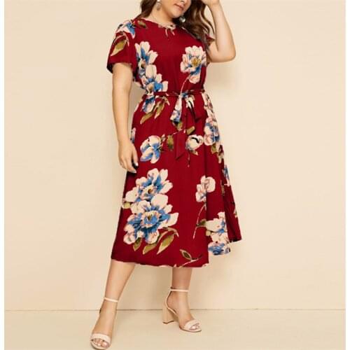 Floral Dresses For Women 2021 Summer Plus Size Dress Round Neck Short Sleeve Loose Waist Midi Chiffon Prom Elegant Casual 5XL