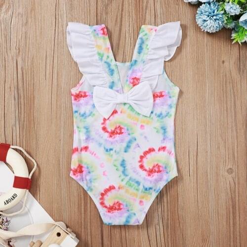 2021 0-3T Summer Breathable Little Girl Swimsuit Children Cute Flamingo/Tie-Dye Printing Flying Sleeve Holiday Swimwear