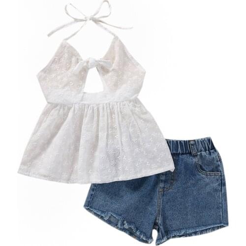 2021 1-6Y Casual Kid Girl Clothing Cool Hollow Bow Halter Camisole Top+Ripped Denim Elastic Waist Shorts Summer Outfits 2pcs